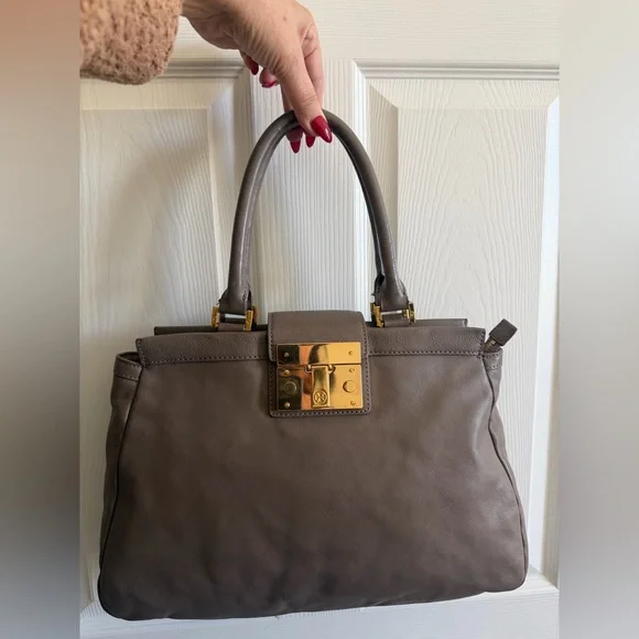 Tory Burch Taupe Leather Satchel with Gold Clasp - Picture 4 of 16